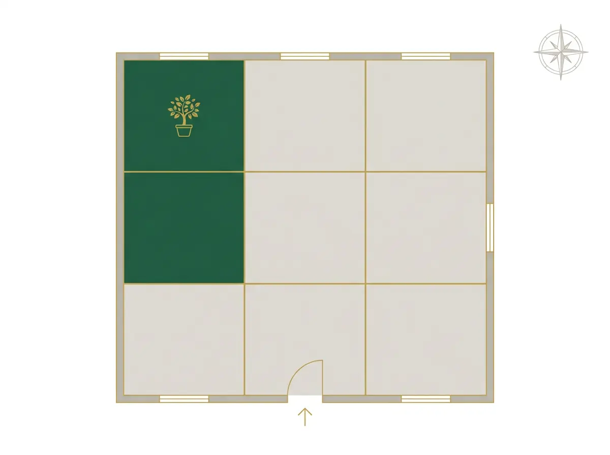 Bagua map floor plan showing the southeast wealth corner where a money plant should be placed for prosperity