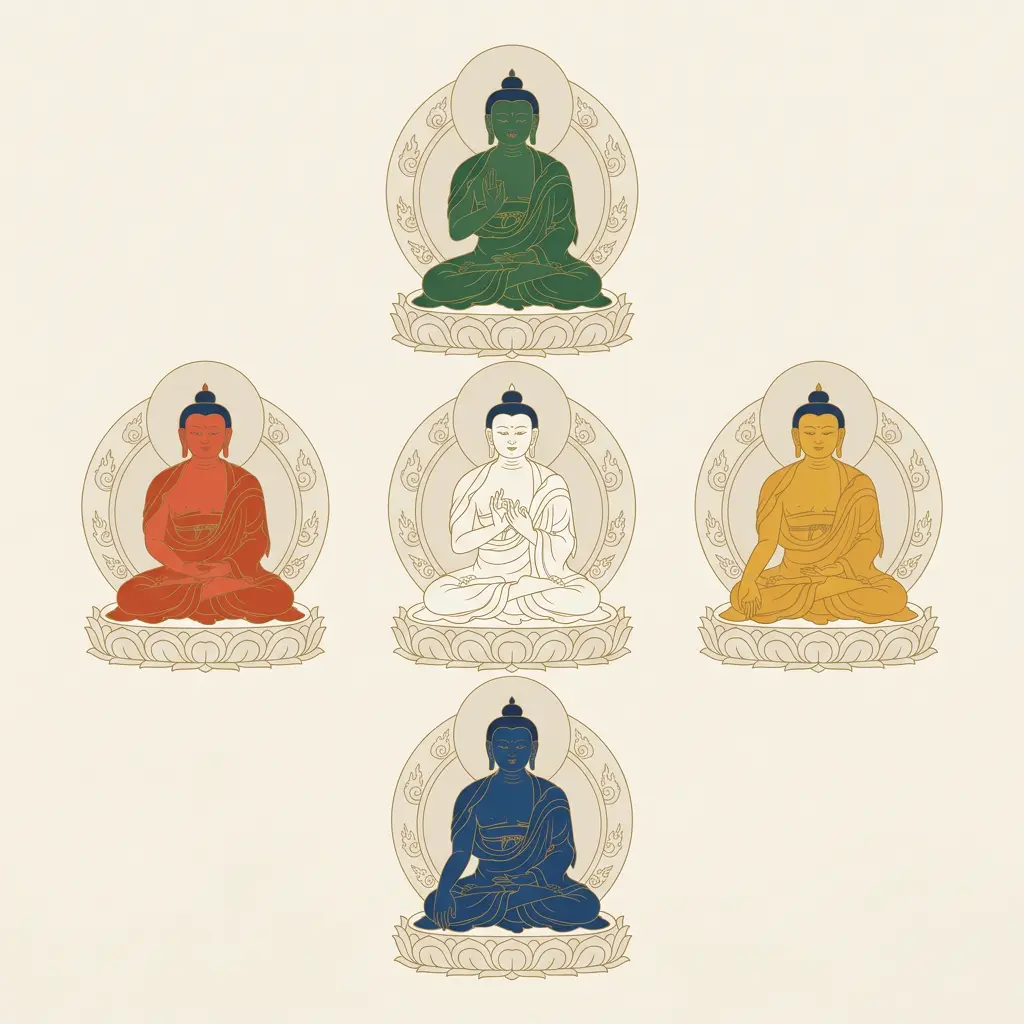 Mandala diagram of the Five Dhyani Buddhas showing white Vairocana at center, blue Akshobhya east, yellow Ratnasambhava south, red Amitabha west, and green Amoghasiddhi north