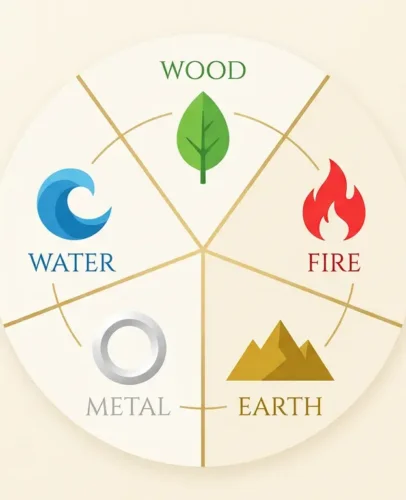 five-elements-feng-shui-overview Five elements of feng shui overview with Wood, Fire, Earth, Metal, and Water shown in their traditional colors