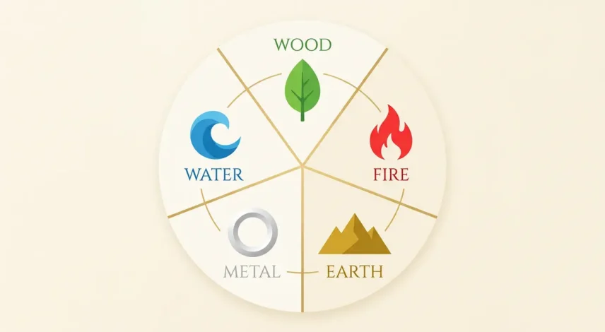five-elements-feng-shui-overview Five elements of feng shui overview with Wood, Fire, Earth, Metal, and Water shown in their traditional colors