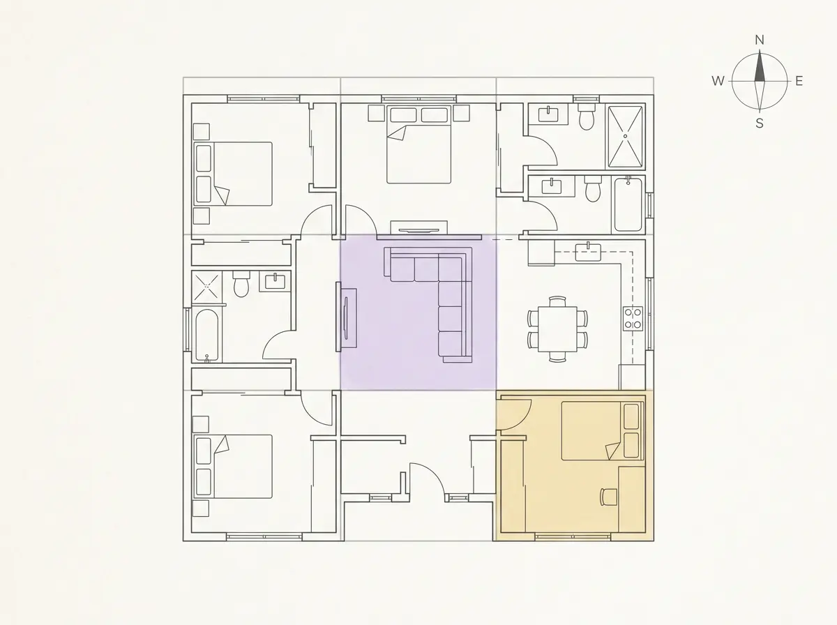 Overhead home floor plan divided into a 3x3 grid with compass directions marking the nine flying star sectors