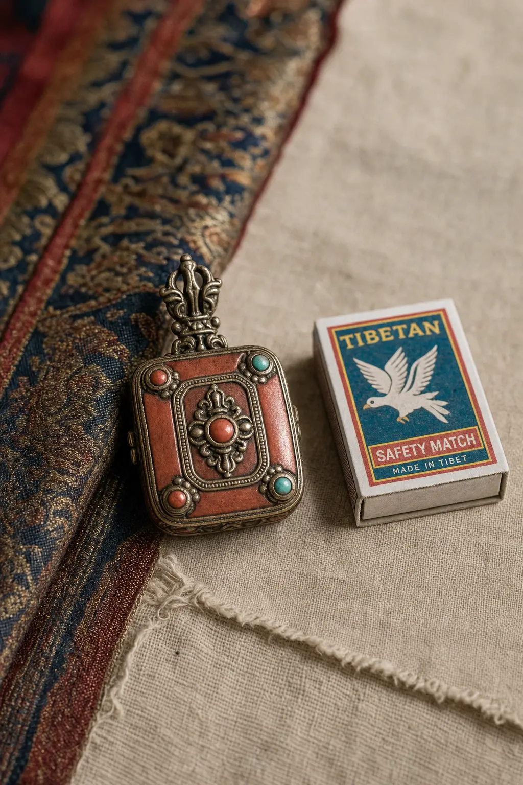 Hand-painted thangka Ga Wu box pendant necklace in white copper with coral and turquoise accents, 47mm by 56.3mm