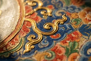 Close-up of a hand-painted thangka showing visible brushstrokes and raised 24k gold detail on cotton canvas