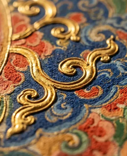 hand-painted-thangka-mineral-pigment-brushwork-detail Close-up of a hand-painted thangka showing visible brushstrokes and raised 24k gold detail on cotton canvas