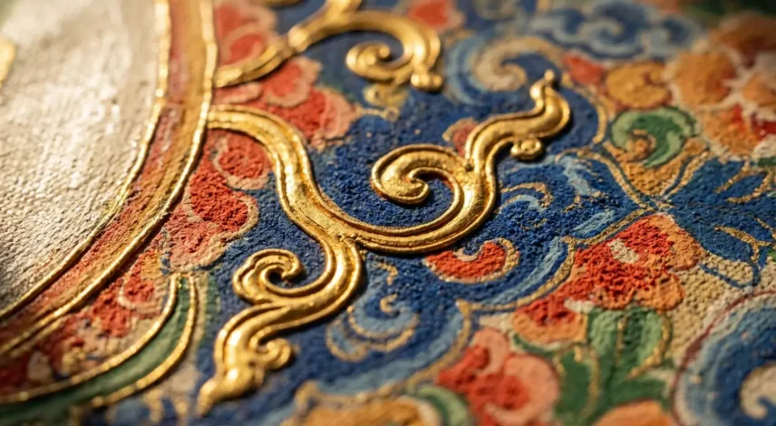 hand-painted-thangka-mineral-pigment-brushwork-detail Close-up of a hand-painted thangka showing visible brushstrokes and raised 24k gold detail on cotton canvas