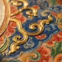 hand-painted-thangka-mineral-pigment-brushwork-detail Close-up of a hand-painted thangka showing visible brushstrokes and raised 24k gold detail on cotton canvas