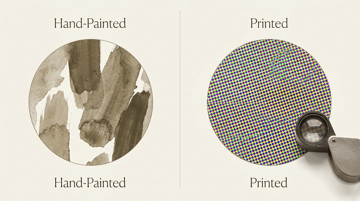 Side-by-side magnified comparison showing brushstrokes on a hand-painted thangka versus CMYK halftone dots on a printed replica