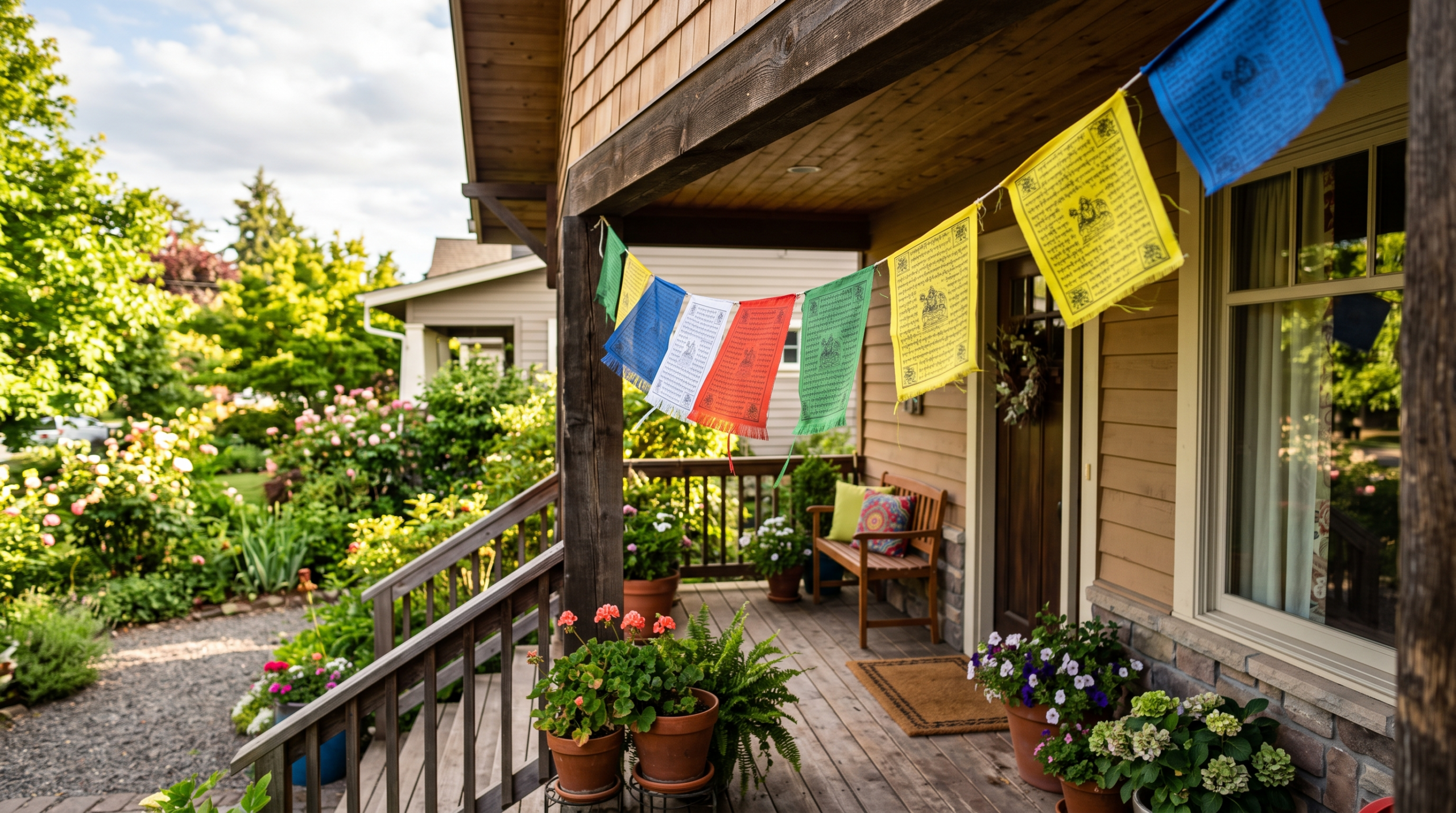 Tibetan prayer flags hung across a wooden front porch of an American home, catching the wind respectfully outdoors
