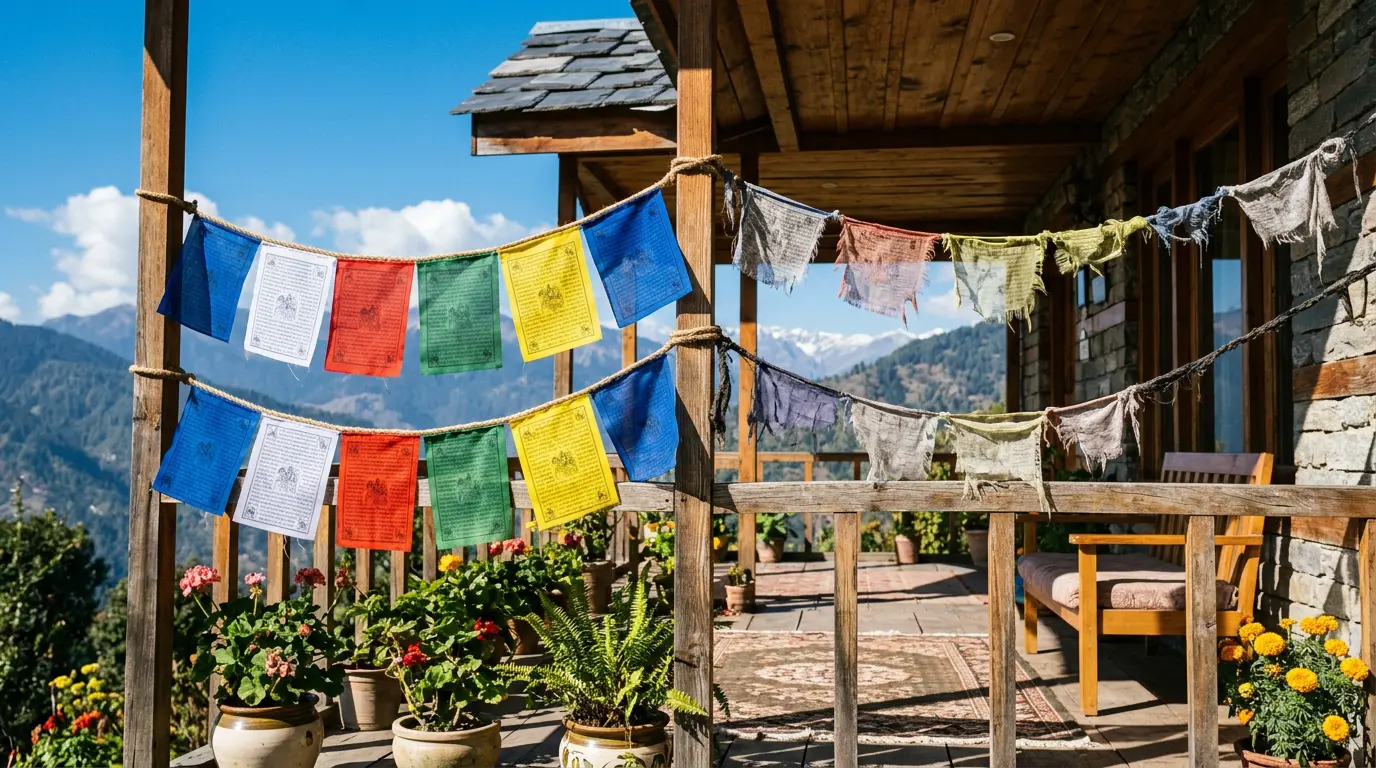Fresh bright Tibetan prayer flags hung beside faded old ones on a porch, showing the tradition of renewing prayer flags at Losar