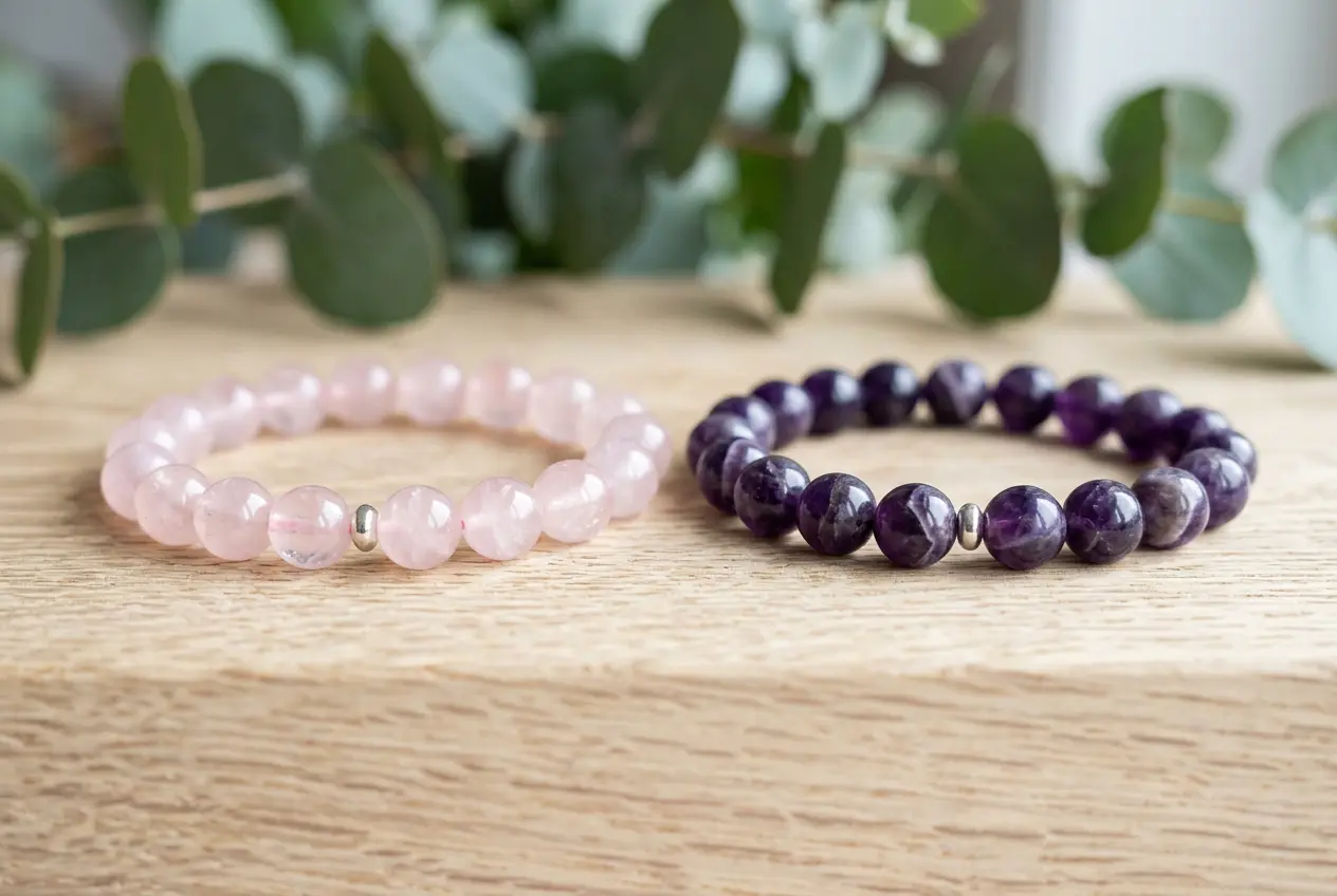 Rose quartz and amethyst healing crystal bracelets displayed side by side on a light wood surface