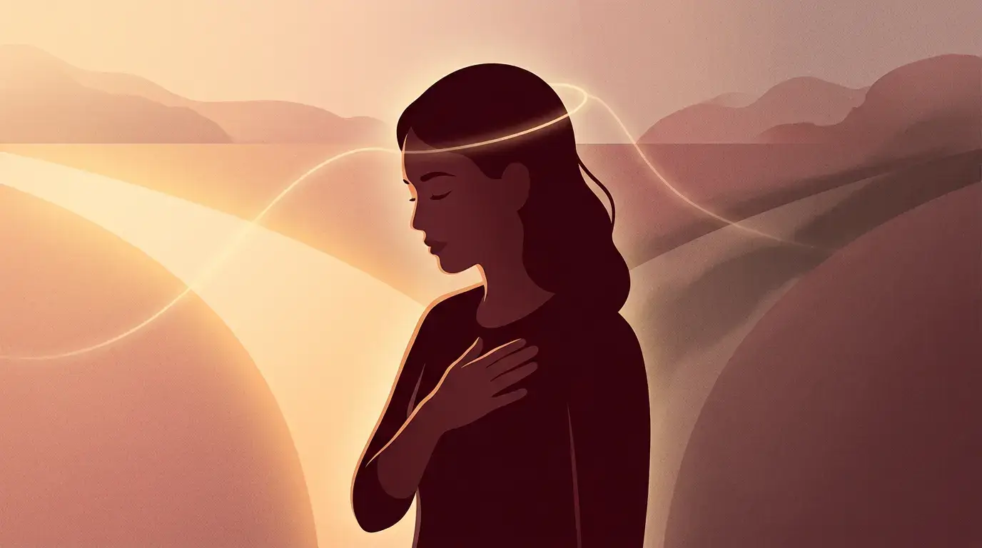 Illustration of intention (cetana) as the engine of karma, showing a calm mindful pause before action