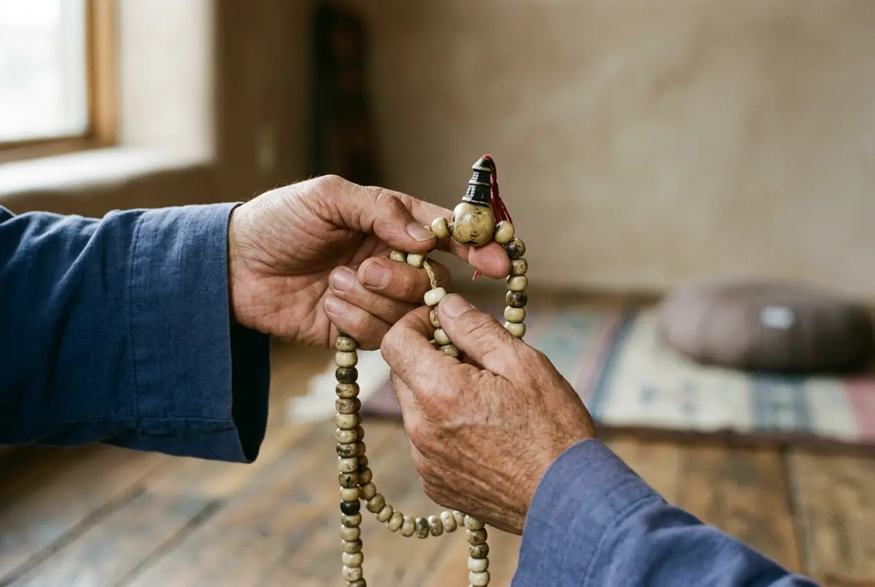 Hands holding a yak bone mala in the left hand, thumb drawing one bead past the larger guru bead
