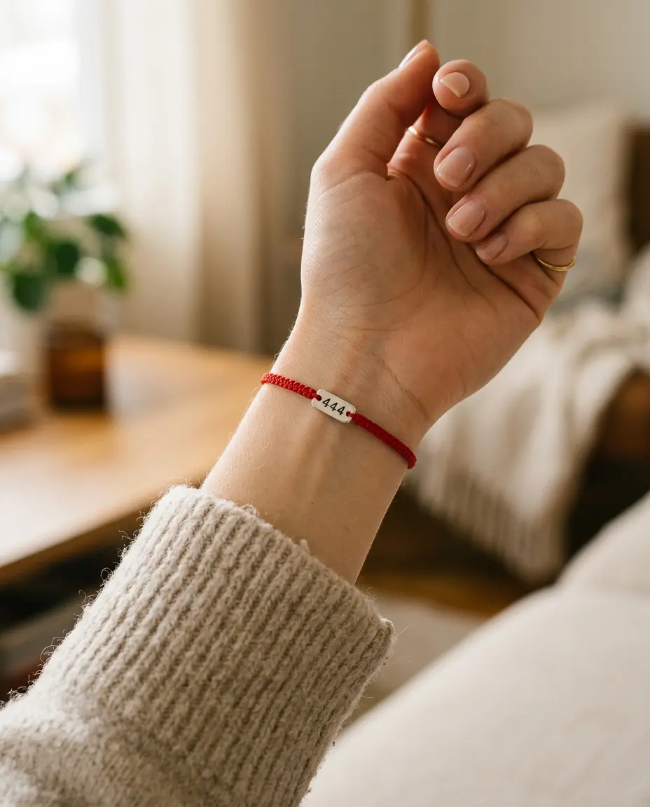 Woman wearing a red string angel number bracelet with a silver 444 tag on her left wrist
