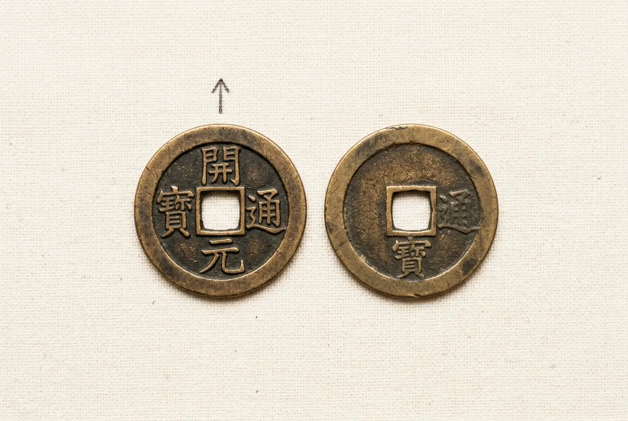Chinese I-Ching coin comparison showing the yang side with four characters facing up for feng shui placement versus the yin side with two characters