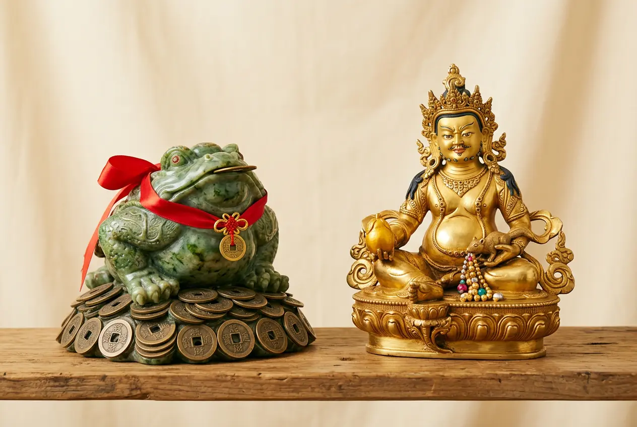 Side-by-side comparison of the Daoist Jin Chan three-legged money toad and the Tibetan Buddhist wealth deity Yellow Jambhala holding a jewel-spitting mongoose