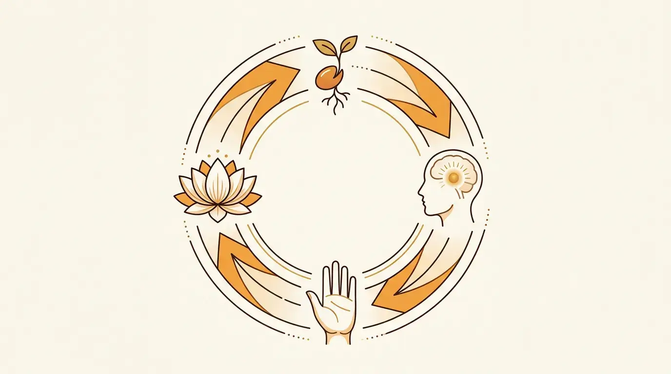 Circular diagram illustration of the karma loop in Buddhism: cause, intention, action, and result
