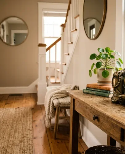 laughing-buddha-entryway-placement Brass Laughing Buddha statue on a 30-inch console table, placed diagonally across from a home's front entrance and facing into the room