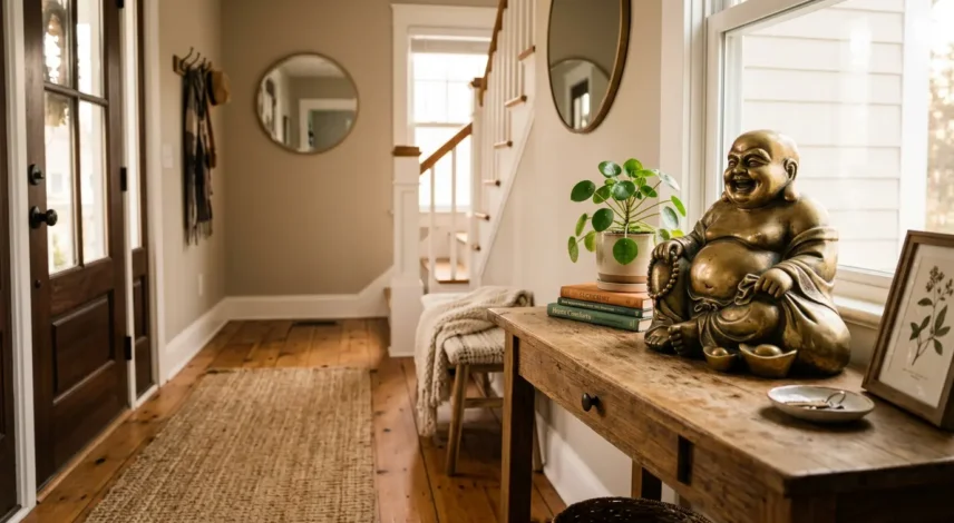 laughing-buddha-entryway-placement Brass Laughing Buddha statue on a 30-inch console table, placed diagonally across from a home's front entrance and facing into the room