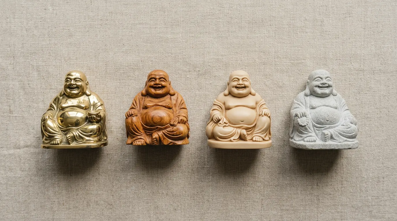 Four Laughing Buddha statues made of different materials — polished brass, carved wood, resin, and stone — arranged for comparison