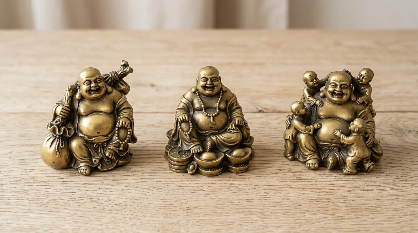 Three Laughing Buddha statues arranged side by side, showing the money bag pose, gold ingot pose, and children pose