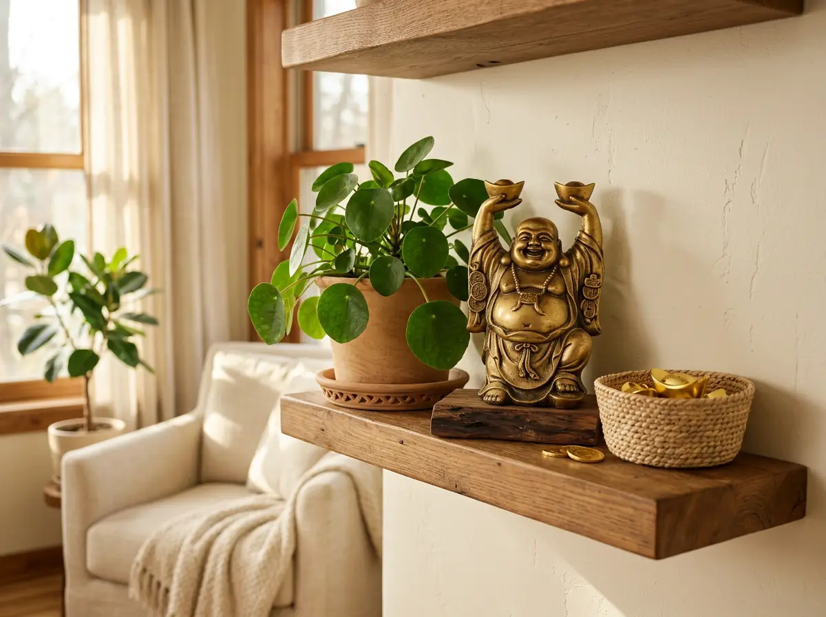 Feng shui southeast wealth corner featuring a gold ingot Laughing Buddha statue next to a money plant and green accents