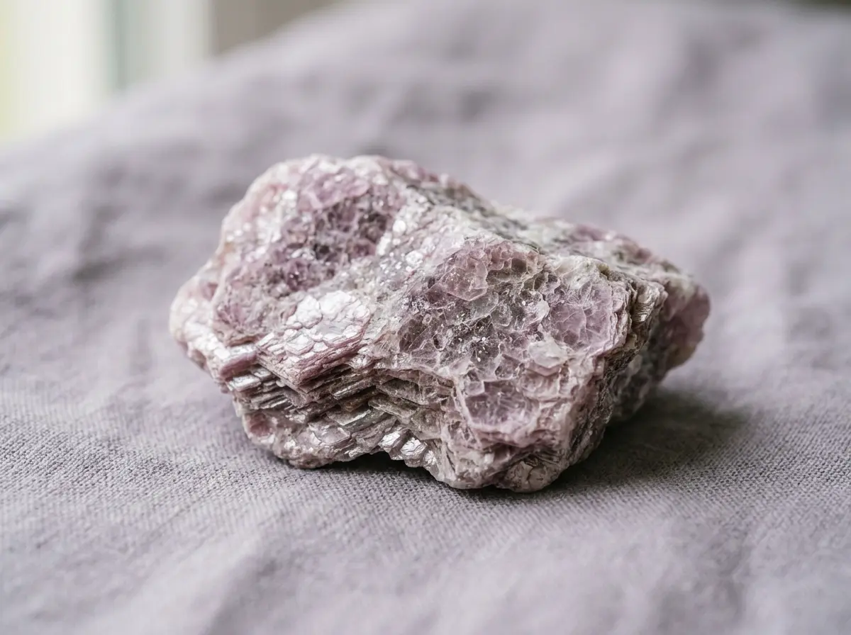 Close-up of lilac lepidolite showing its soft flaky layered mica texture