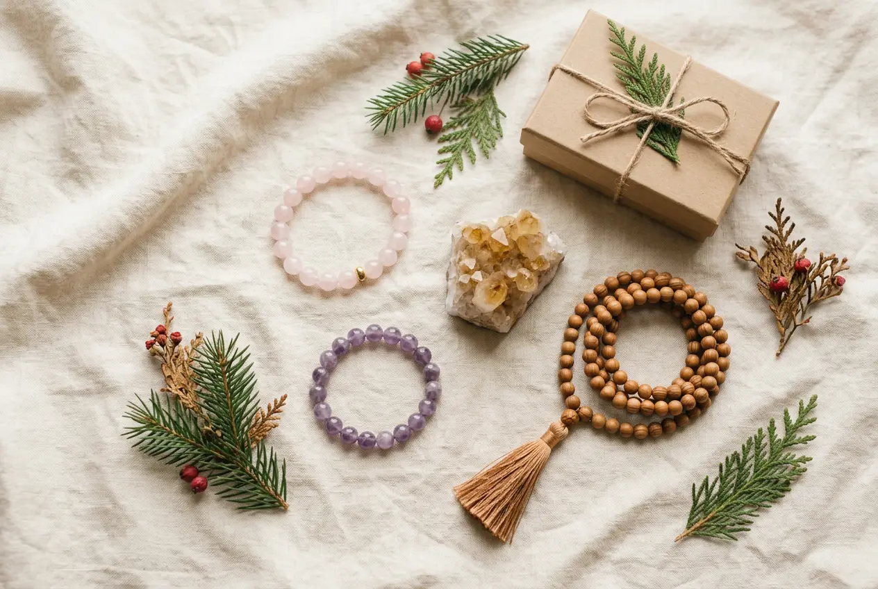 Handmade 108-bead sandalwood mala with a larger guru bead and tassel, arranged in a spiral for meditation