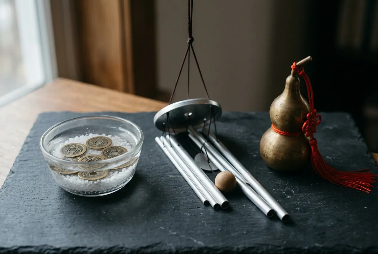 Traditional feng shui metal cures including a six-rod metal wind chime, brass Wu Lou gourd, and a salt water cure bowl