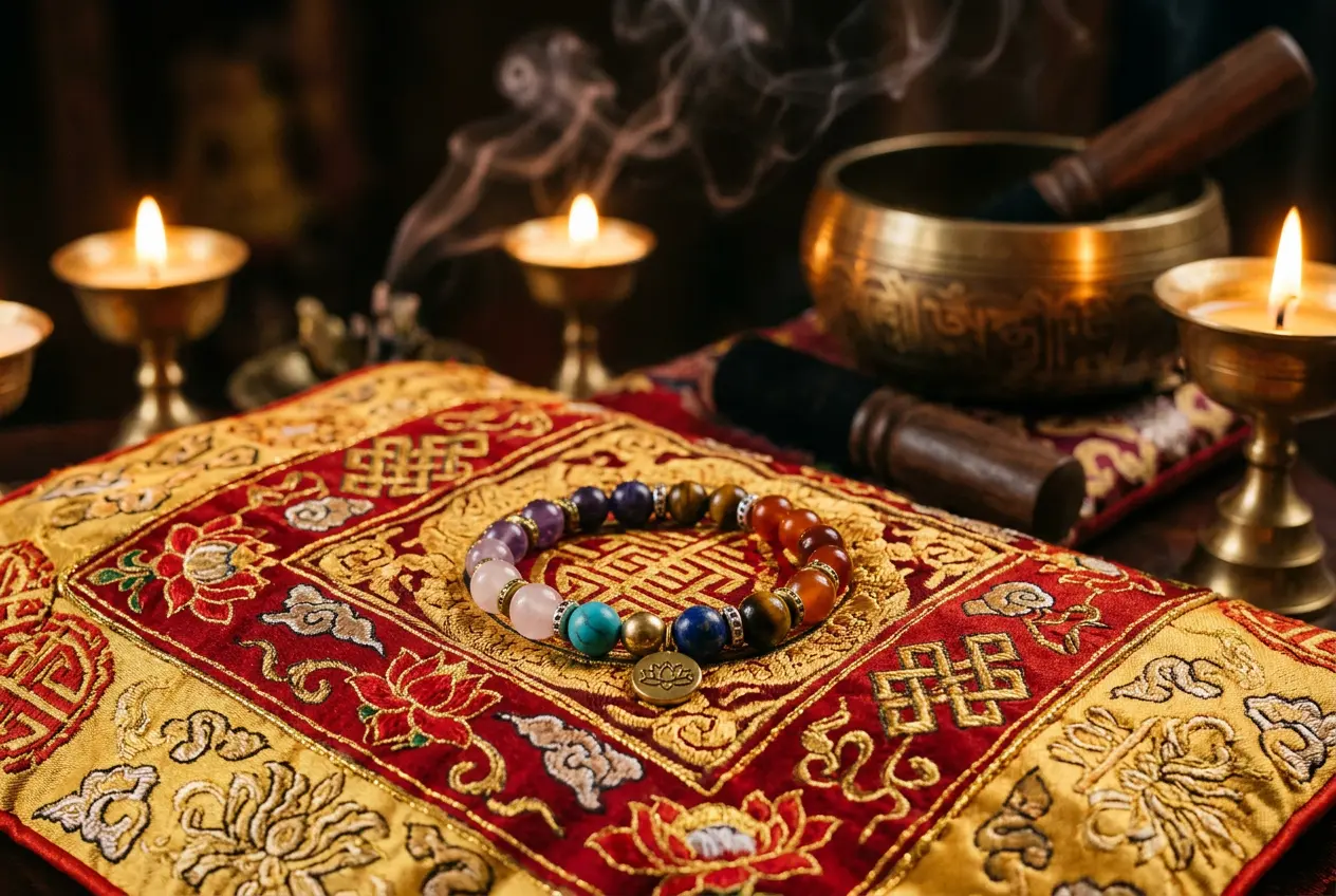 Crystal bracelet resting on a red Tibetan textile beside butter lamps, prepared for a monastery blessing