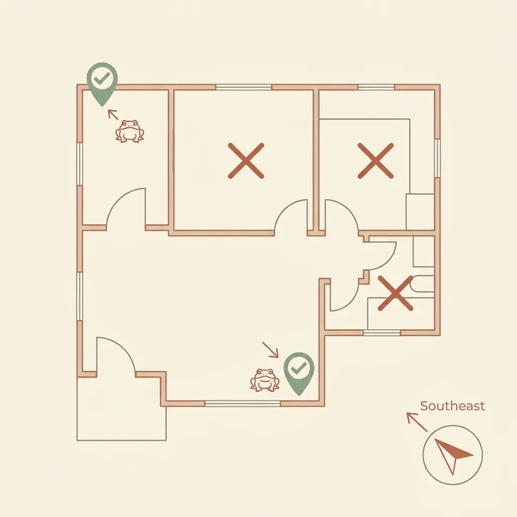 Overhead home floor plan showing correct money frog placement diagonal from the front door and in the southeast Xun wealth corner, with bedroom, kitchen and bathroom marked as areas to avoid