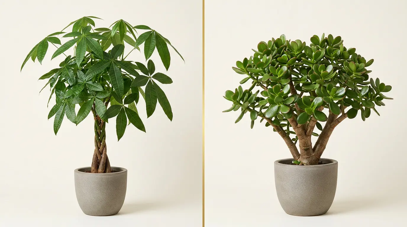 Money tree with braided trunk beside a jade plant with coin-shaped leaves, shown side by side for comparison