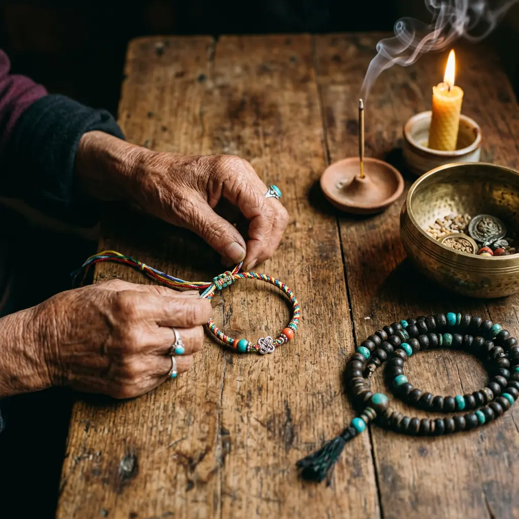 Hands knotting a Tibetan cord bracelet during a mantra blessing ritual with prayer beads nearby