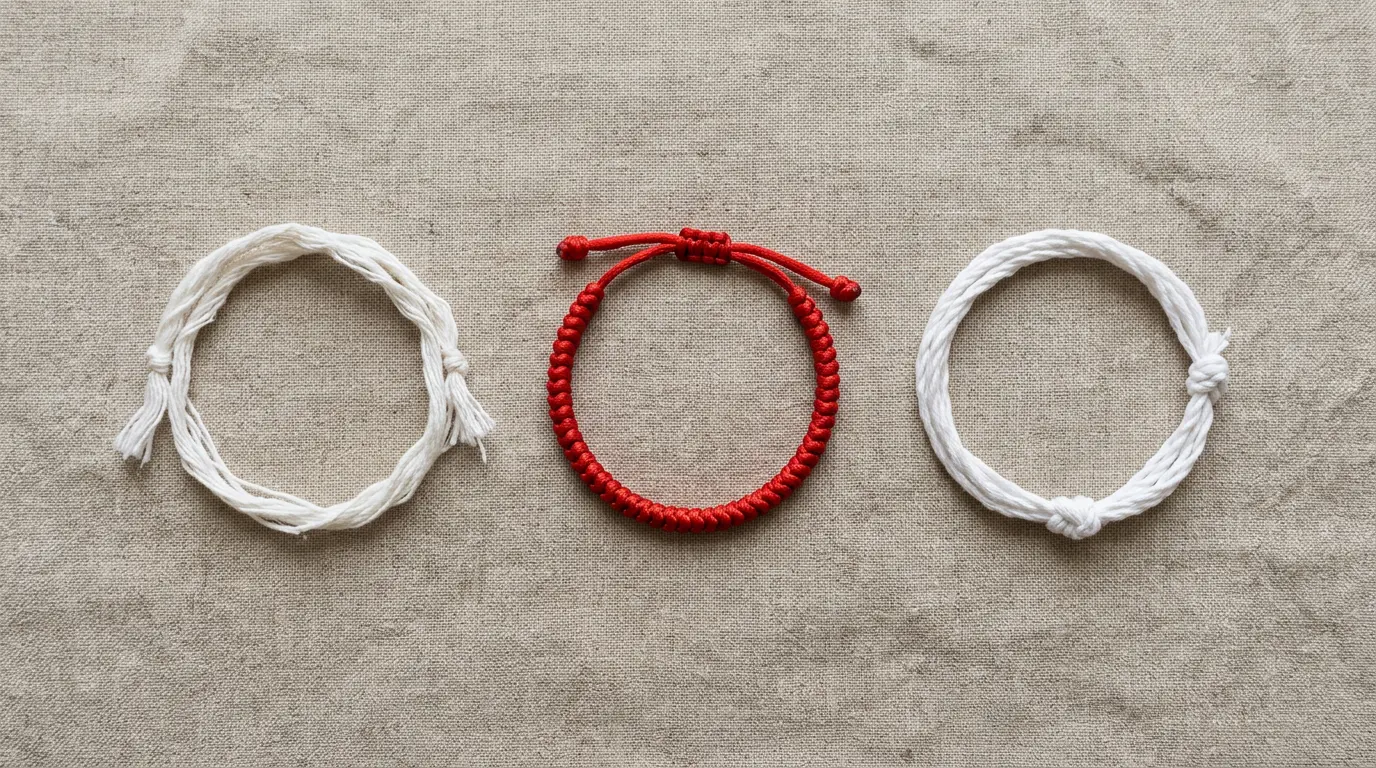 Three blessed bracelets side by side: white Sai Sin thread, Tibetan red cord, and Sri Lankan Pirith Nool