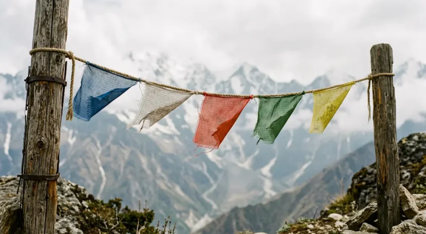 old-tibetan-prayer-flags-weathered Weathered five-color Tibetan prayer flags fading on a string, showing when to respectfully dispose of old prayer flags