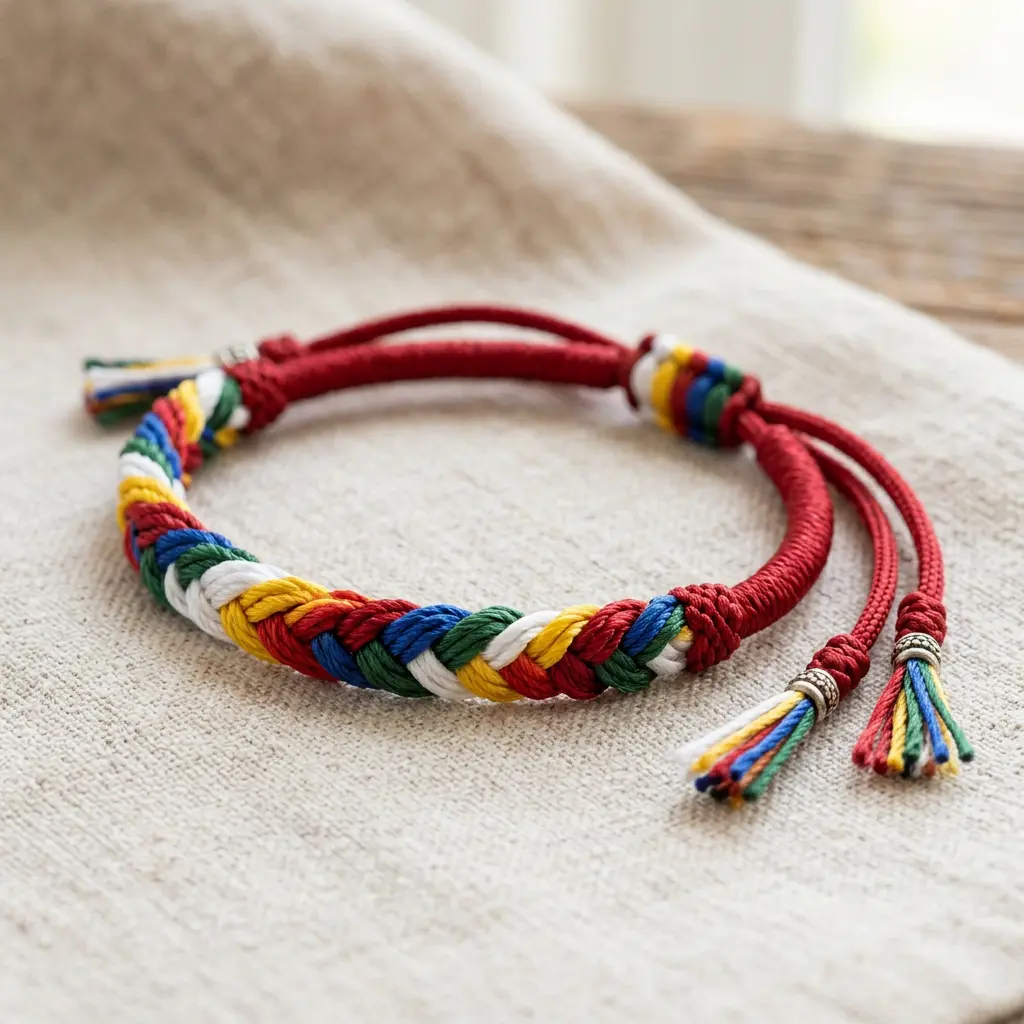 Handmade five-color Pancha Varna monk bracelet in white, yellow, red, blue, and green on a red cord
