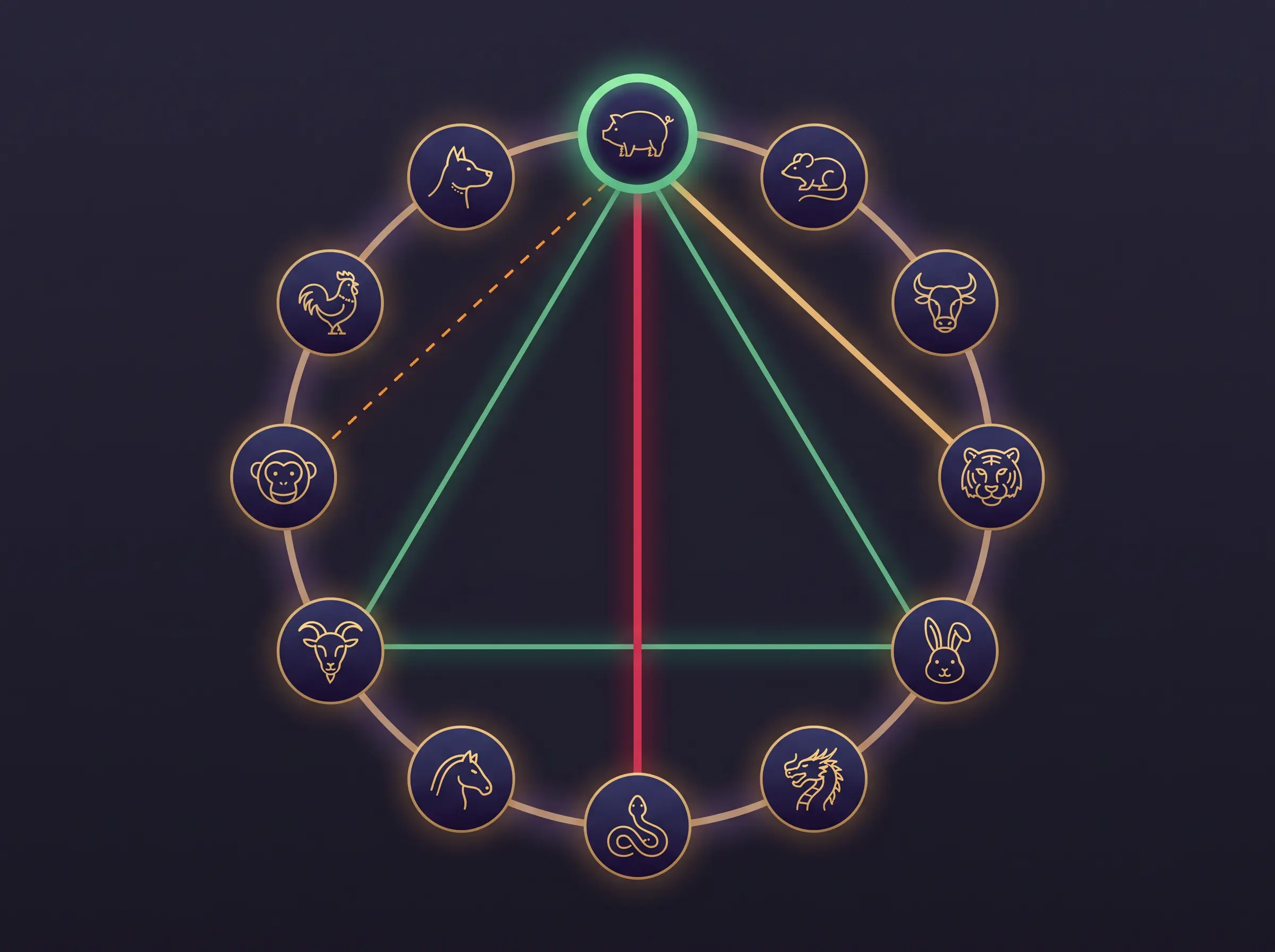 Diagram of the Pig month showing six harmony with Tiger, Wood trine with Rabbit and Goat, and clash with Snake