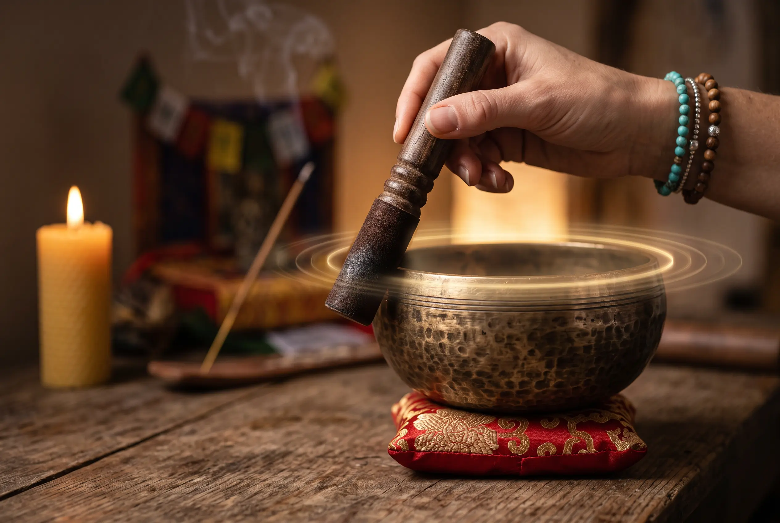 Wooden mallet circling the rim of a bronze Tibetan singing bowl to create a sustained tone