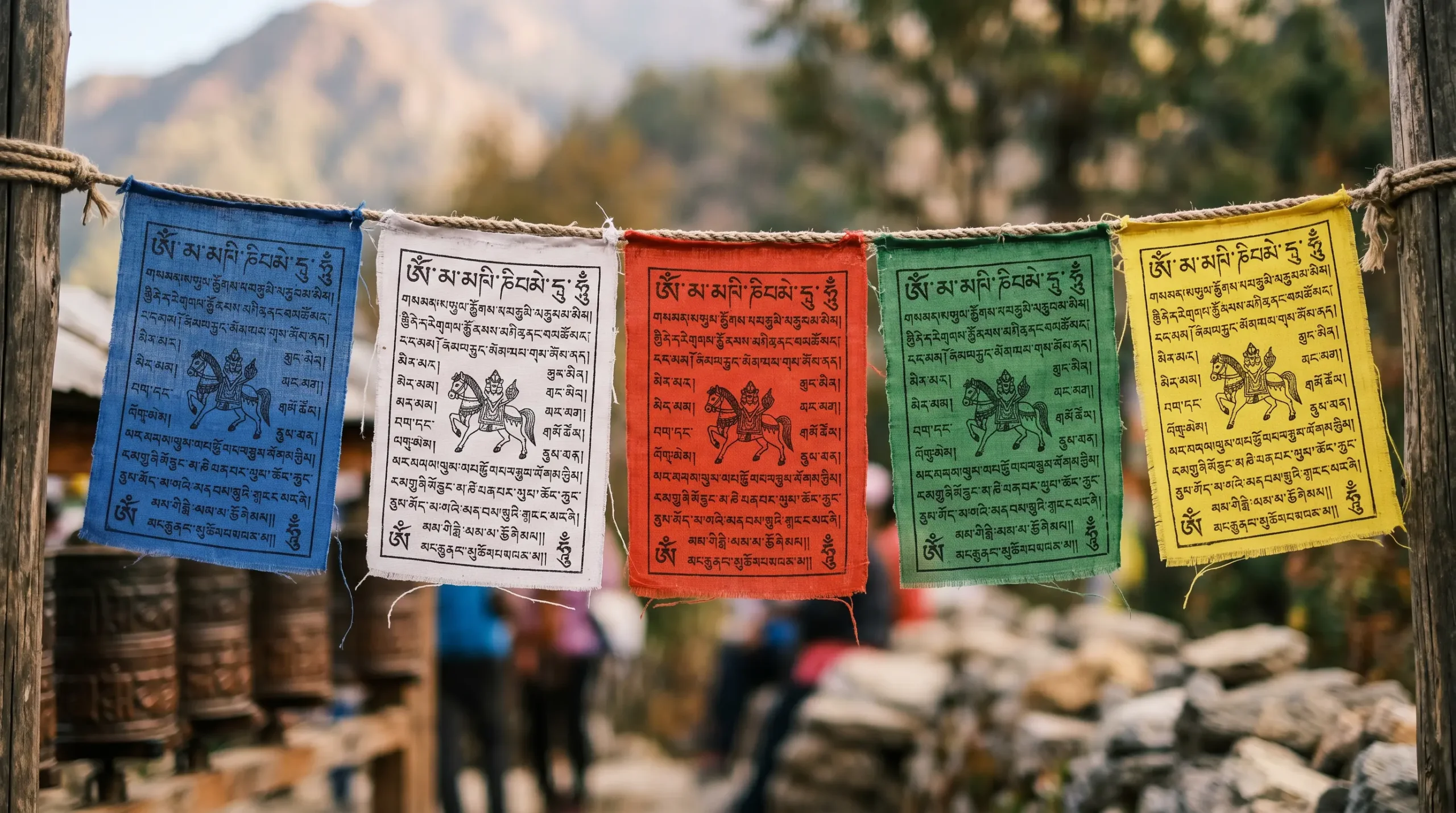 Close-up of Tibetan prayer flags showing the five colors in order — blue, white, red, green, yellow — each representing an element