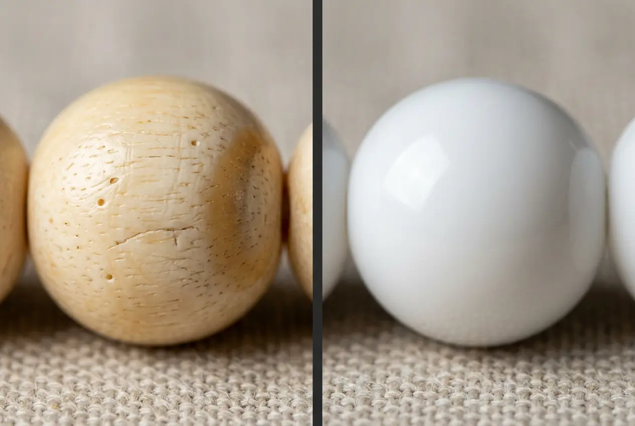 Macro comparison of a real yak bone bead with visible grain and pores beside a uniform white resin bead