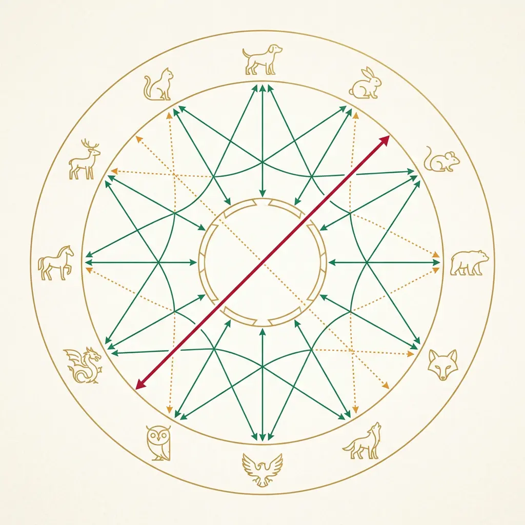 Diagram showing Rooster month relationships: Six Harmony with Dragon, Three Harmony with Snake and Ox, clash with Rabbit