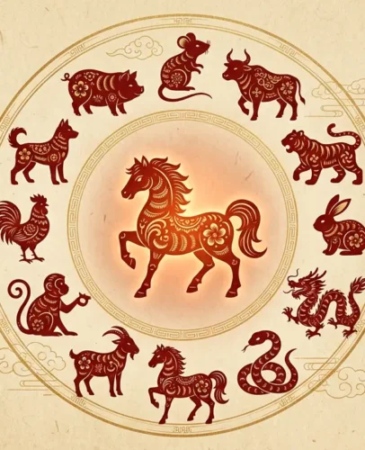 september-2026-chinese-zodiac-12-signs Circle of the 12 Chinese zodiac animals arranged around the Fire Horse symbol for September 2026