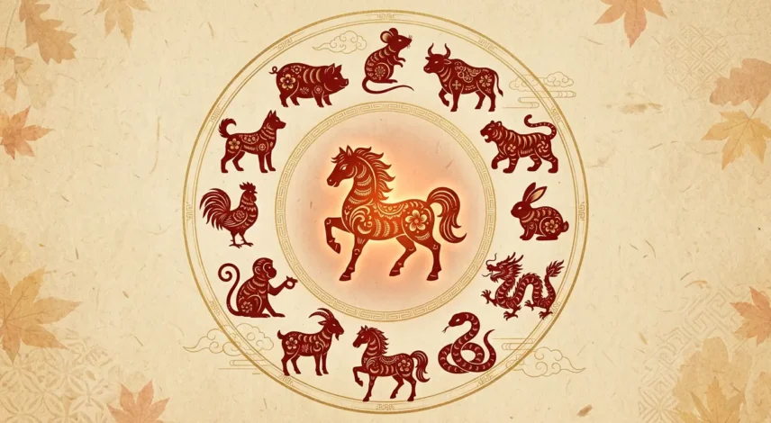september-2026-chinese-zodiac-12-signs Circle of the 12 Chinese zodiac animals arranged around the Fire Horse symbol for September 2026