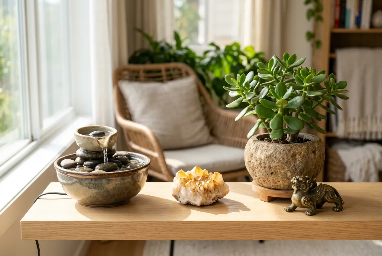 Southeast feng shui wealth corner with a small water fountain, citrine cluster, green plant, and Pixiu figurine