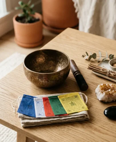 spiritual-housewarming-gifts-2026 Collection of spiritual housewarming gifts including a Tibetan singing bowl, prayer flags, and crystals arranged on a wooden table