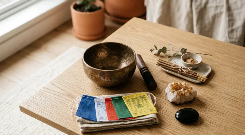 spiritual-housewarming-gifts-2026 Collection of spiritual housewarming gifts including a Tibetan singing bowl, prayer flags, and crystals arranged on a wooden table