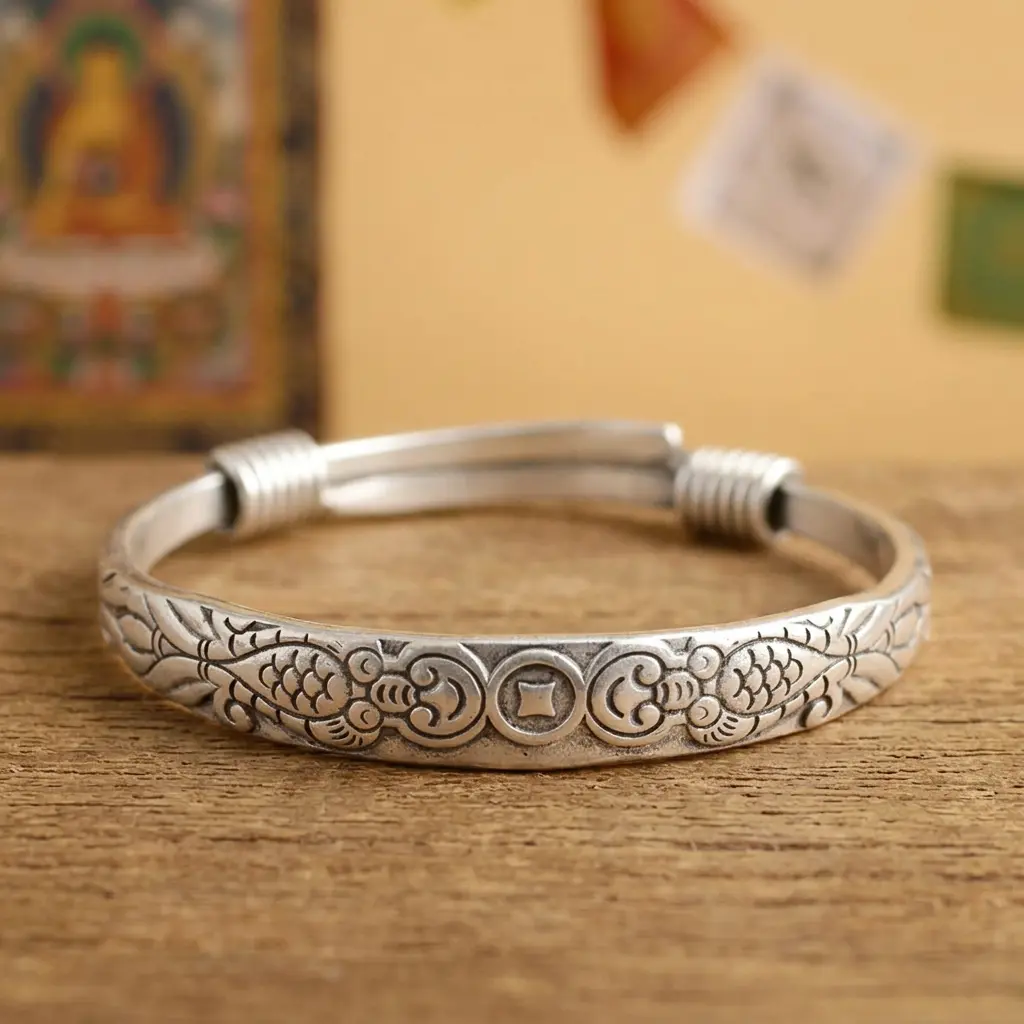 tibetan-embossed-bracelet-goldfish-coin-wealth Adjustable Tibetan silver bangle embossed with paired goldfish flanking a lucky coin, symbolizing wealth and prosperity