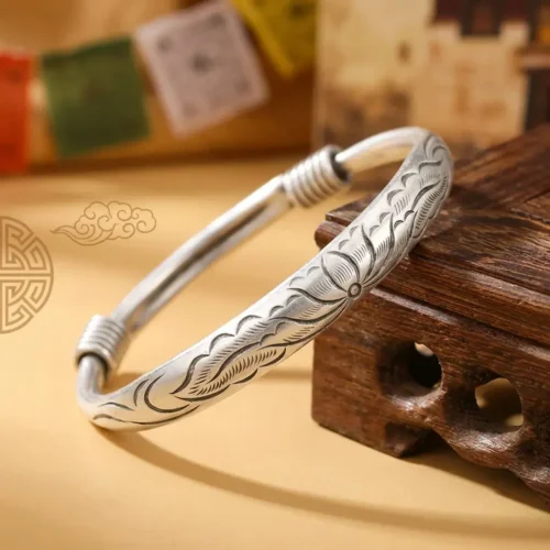 Tibetan embossed bracelet lotus silver cuff