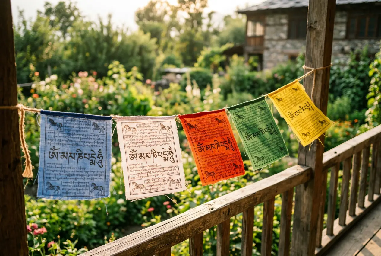 String of five colored Tibetan prayer flags in blue, white, red, green, and yellow hanging across an outdoor porch in gentle wind