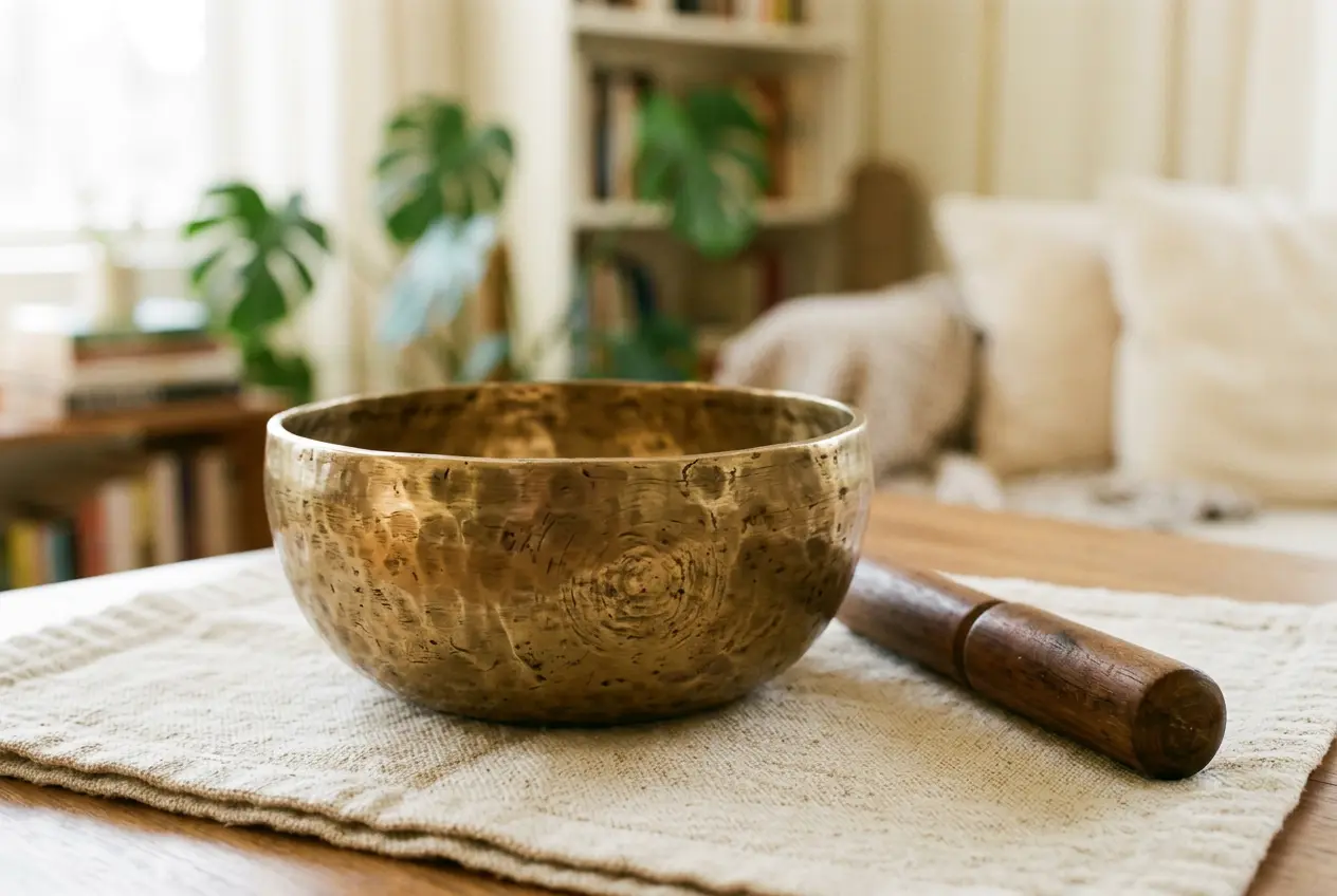 Bronze Tibetan singing bowl with wooden striker resting on a linen cloth in a bright living room, used for sound cleansing