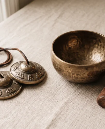 Tibetan tingsha bells and a bronze singing bowl side by side on a linen surface